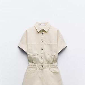 Cream Short Sleeve Button-Up Jumpsuit